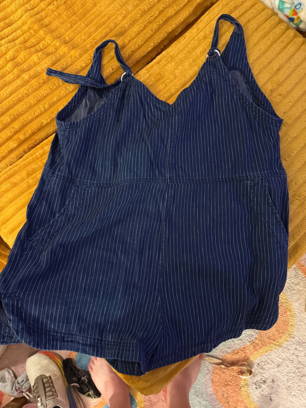 American Eagle Navy Pinstriped Romper/Overalls with Zip Back and Tie Straps